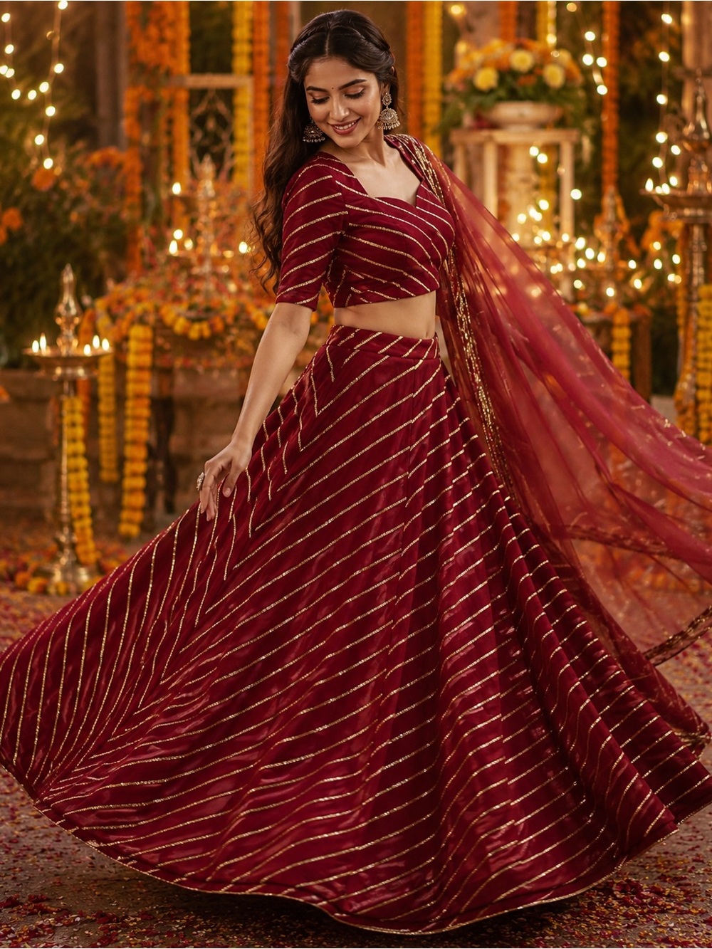 Maroon Gold- sequined Striped Lehenga Choli Set